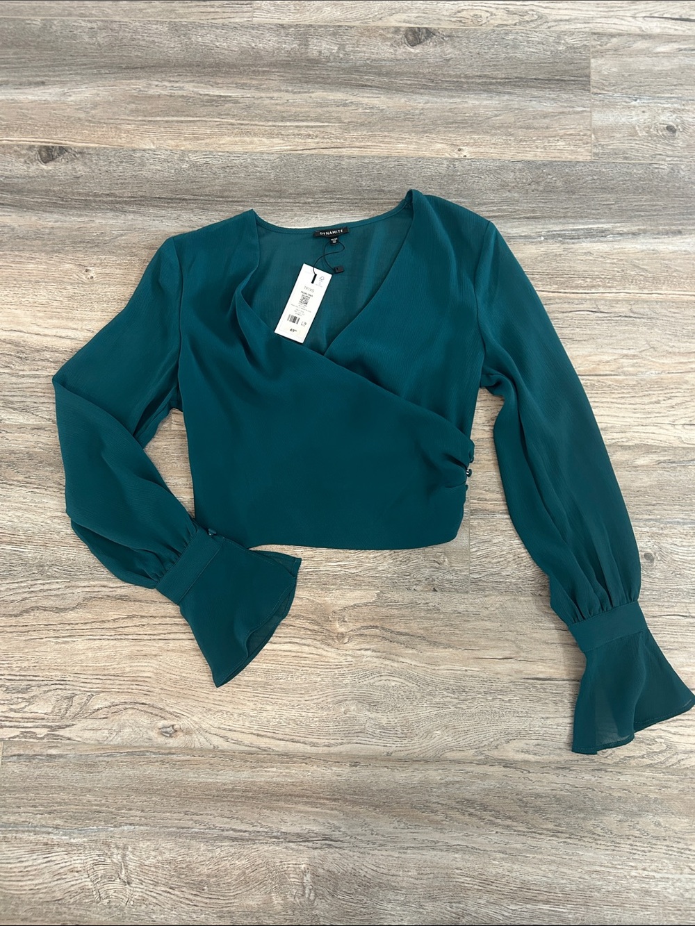 Dynamite Teal Wrap Crop Blouse